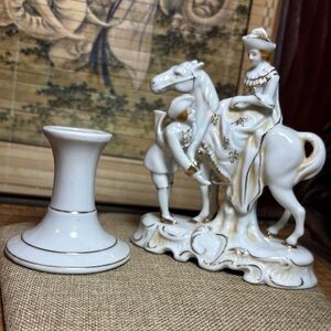 Porcelain Figurine w Candleholder White, Gold Trim Lady w Horse Victorian Japan
